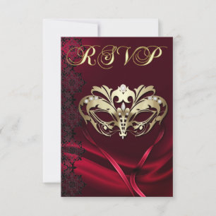 Invitation RSVP Mascarade Or avec Bijou Rouge