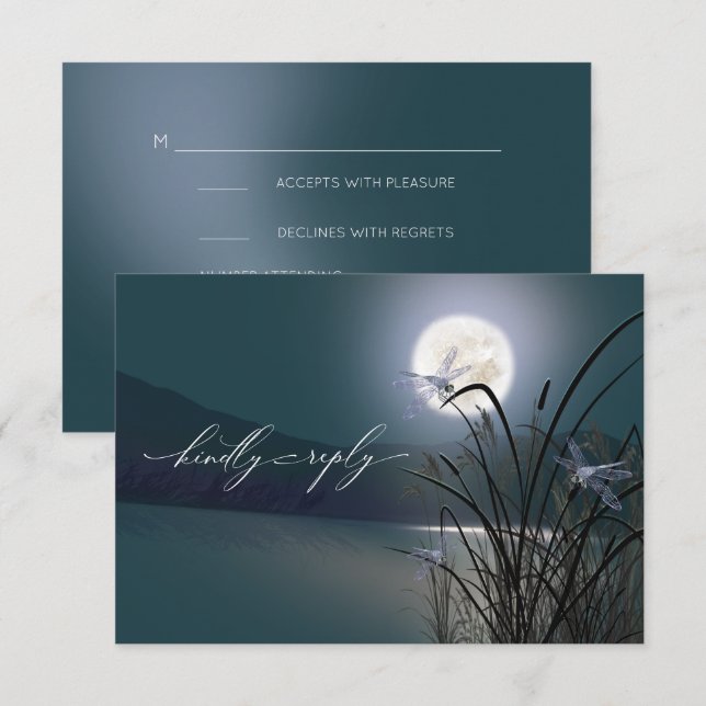 Invitation RSVP Menu Dusty Pleine lune Turquoise Dragonfly Po (Devant / Derrière)