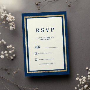 Invitation RSVP minimaliste or ivoire marine glam bleu