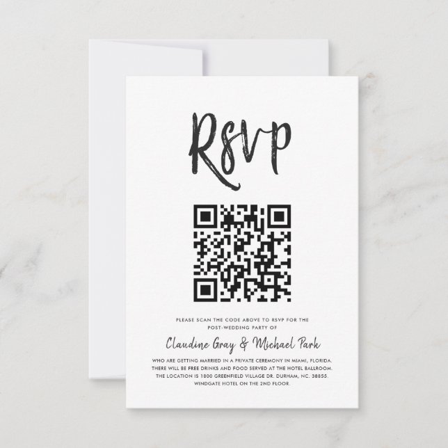 Invitation RSVP par code QR | Style de script blanc noir (Devant)