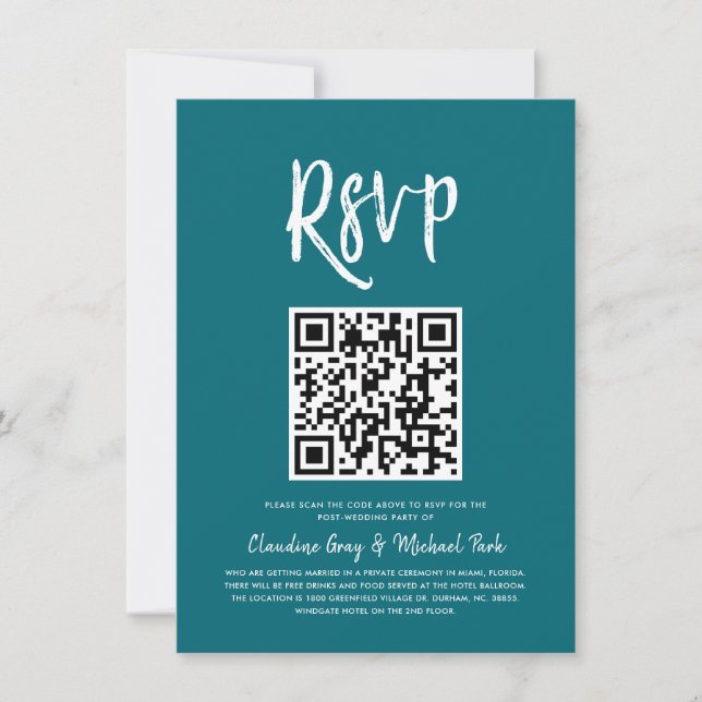 Invitation RSVP par code QR | Style de script Turquoise RSVP (Devant)