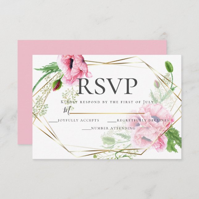 Invitation RSVP | Pépites et feuillages roses d'aquarelle (Devant / Derrière)