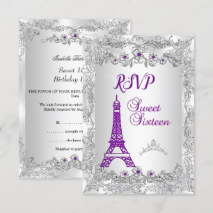 Invitation RSVP Princess Sweet 16 violet Silver Photo Party