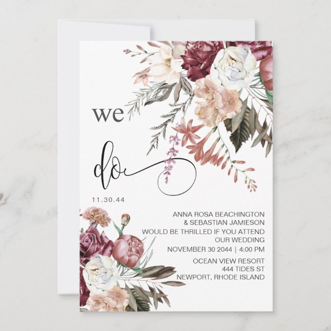 Invitation *~* RSVP QR Floral MERLOT Rose AR15 MARIAGE (Devant)