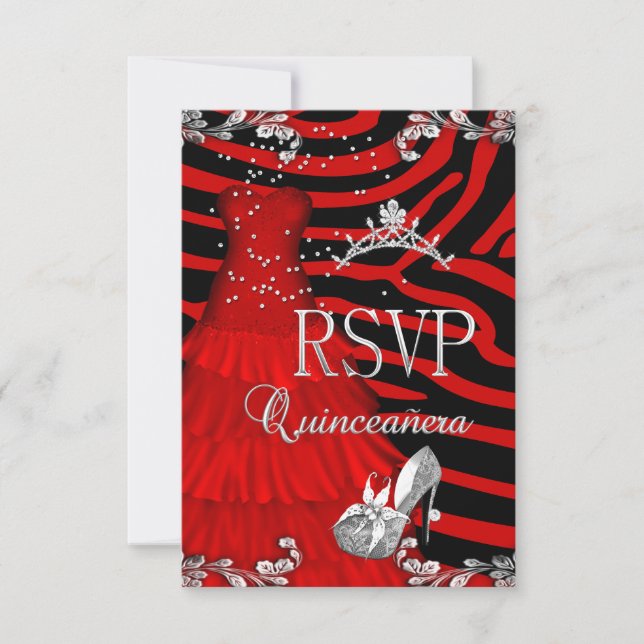 Invitation RSVP Quinceanera 15e Robe Rouge Zebra Chaussure (Devant)