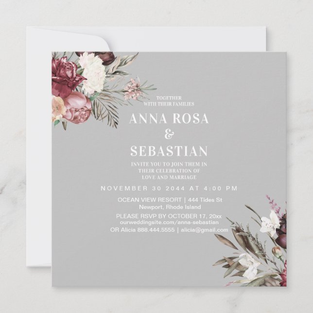 Invitation *~* RSVP Rose Burgandy Floral AR15 + MARIAGE (Devant)