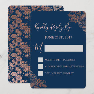 Invitation RSVP - Rose Gold Rose et Bleu Marine Floral