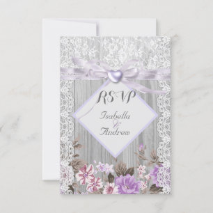 Invitation RSVP Rustique Bois Floral Mariage Lavande Dentelle