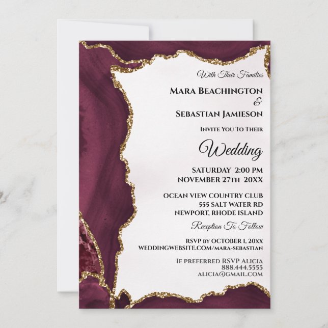 Invitation *~* RSVP Website AGATE Gold Maroon AR13 Mariage (Devant)