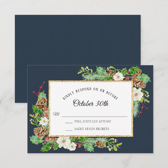 Invitation RSVP Winter Navy Bleu Noël Floral Aquarelle (Devant / Derrière)
