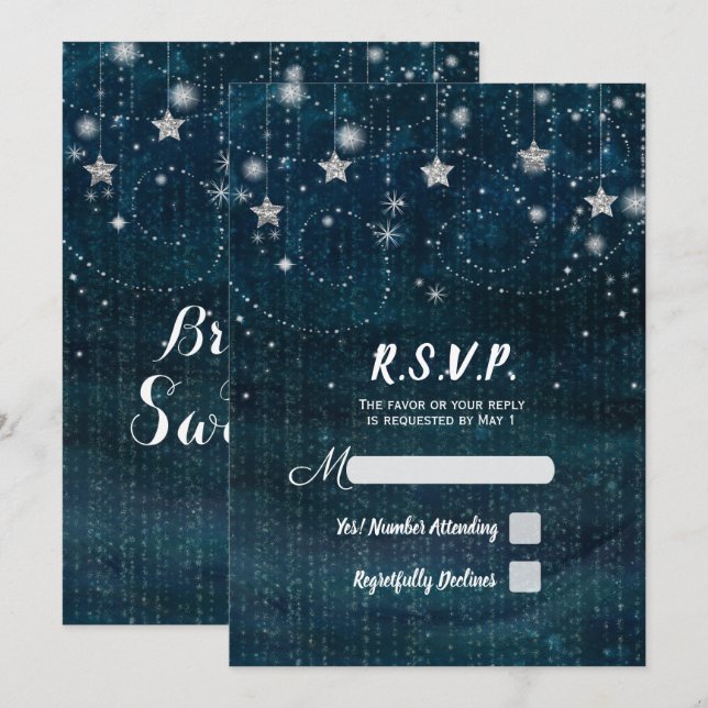 Invitation RSVPour la soirée étoilée enchantée argent et bleu (Devant / Derrière)