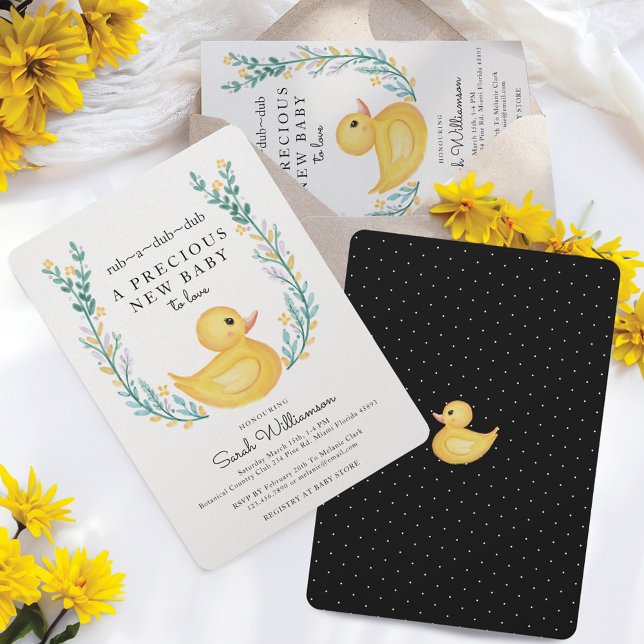 Invitation Rub-A-Dub-Dub Jaune En Caoutchouc Jardin Floral Du (Rub-A-Dub-Dub Yellow Rubber Ducky Floral Garden Invitation)