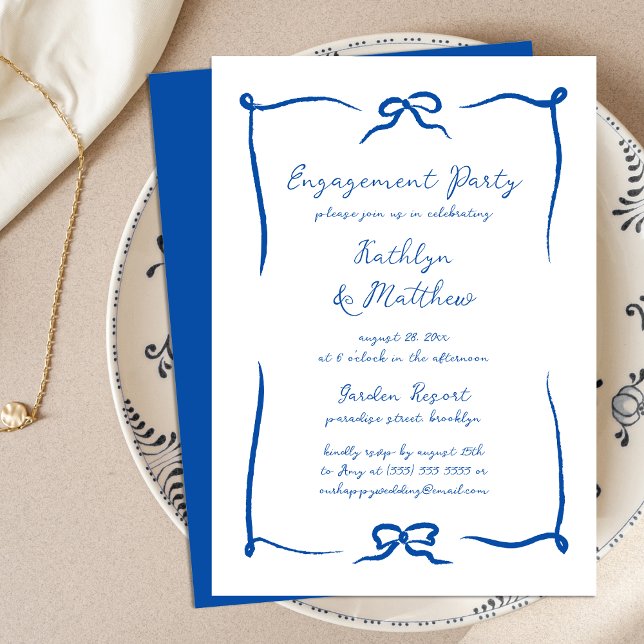 Invitation Ruban à main tiré Français Blue Engagement Party (Créateur téléchargé)