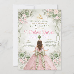 Invitation Ruban à nœud rose et sauge Quinceañera XV Party