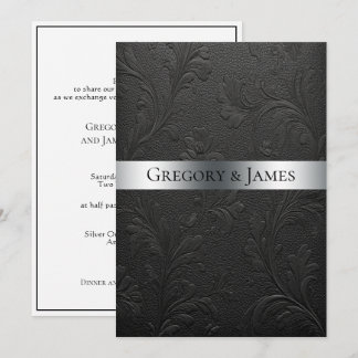 Invitation Ruban argenté en cuir noir travaillé pour mariage