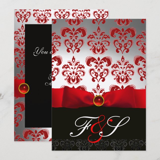 Invitation RUBAN ARGENTÉ ROUGE & MONOGRAMME EN DAMAS NOIR Rub (Devant / Derrière)
