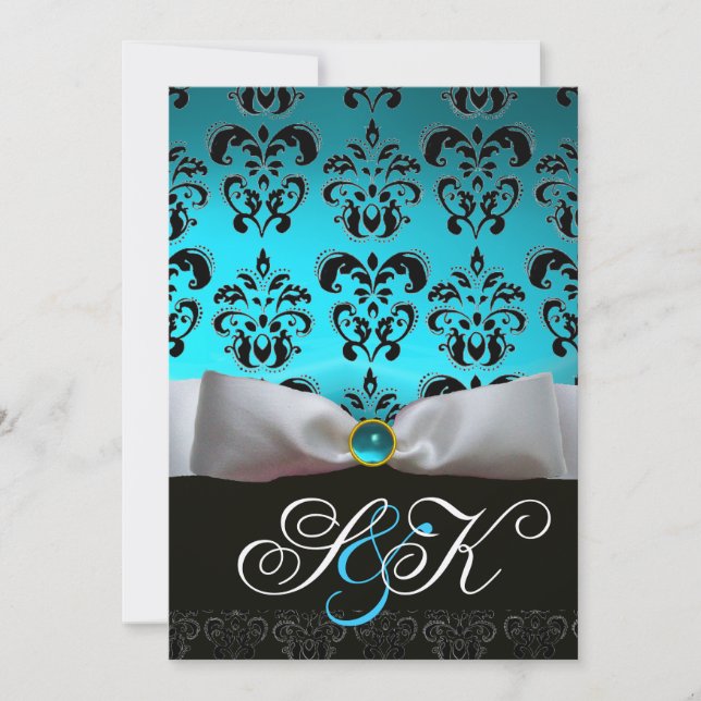 INVITATION RUBAN BLANC AQUA BLEU NOIR DAMAS MONOGRAMME (Devant)