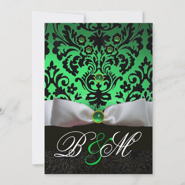 INVITATION RUBAN BLANC ÉMERAUDE VERT DAMAS NOIR MONOGRAMME (Devant)