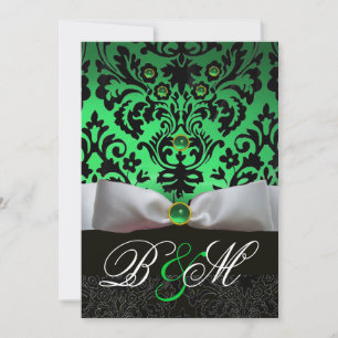 INVITATION RUBAN BLANC ÉMERAUDE VERT DAMAS NOIR MONOGRAMME