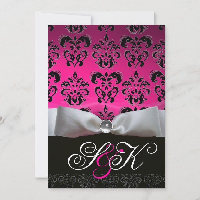 INVITATION RUBAN BLANC FUCHSIA ROSE NOIR  DAMASSÉ MONOGRAMME (Devant)
