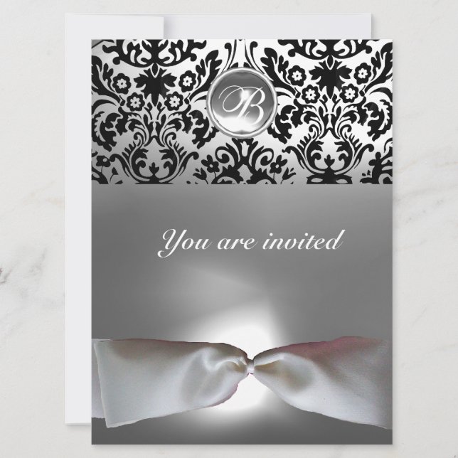 Invitation ruban blanc noir gris monogramme pierre gemme de d (Devant)