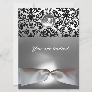 Invitation ruban blanc pierre précieuse monogramme DAMASK gri