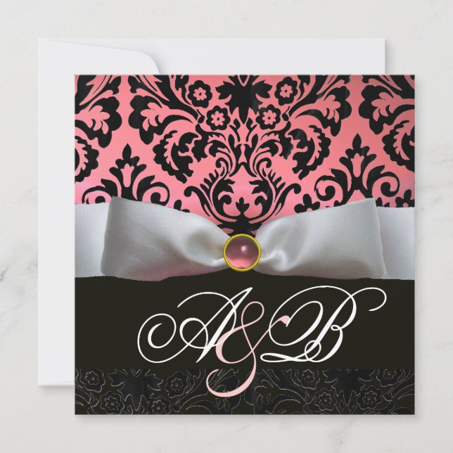 INVITATION RUBAN BLANC ROSE NOIR  DAMAS MONOGRAMME (Devant)