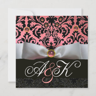 INVITATION RUBAN BLANC ROSE NOIR  DAMAS MONOGRAMME