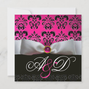 INVITATION RUBAN BLANC ROSE VIOLET NOIR  DAMAS MONOGRAMME