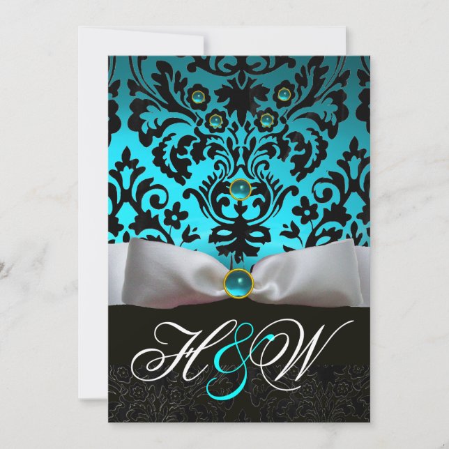 INVITATION RUBAN BLANC TEAL AQUA BLEU NOIR DAMAS MONOGRAMME (Devant)