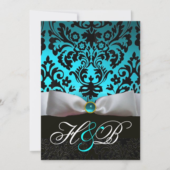 INVITATION RUBAN BLANC TEAL AQUA BLEU NOIR DAMAS MONOGRAMME (Devant)