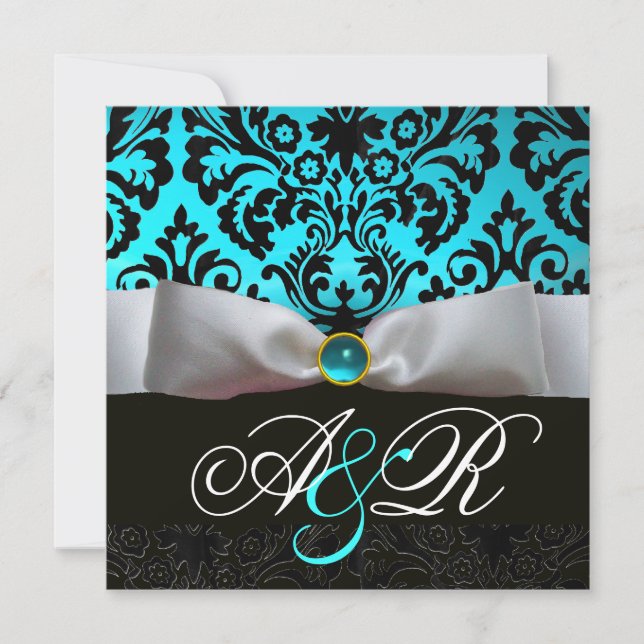 INVITATION RUBAN BLANC TEAL AQUA BLEU NOIR  DAMASSÉ MONOGRAMM (Devant)
