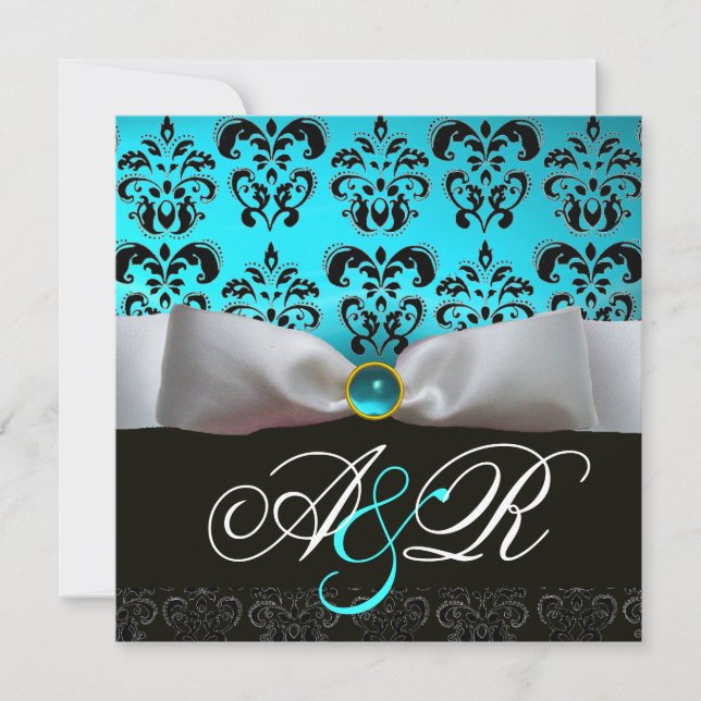 INVITATION RUBAN BLANC TURQUOISE NOIR  DAMAS MONOGRAMME (Devant)