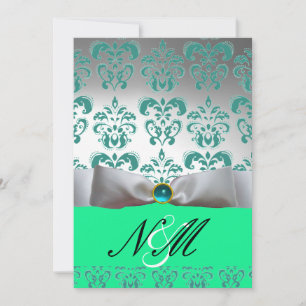 INVITATION RUBAN BLANC VERT BLEU MONOGRAMME EN DAMAS NOIR
