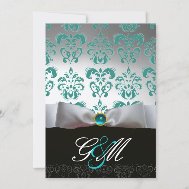 Invitation RUBAN BLEU BLANC  MONOGRAMME EN DAMAS NOIR Champag (Devant)