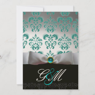 Invitation RUBAN BLEU BLANC  MONOGRAMME EN DAMAS NOIR Champag