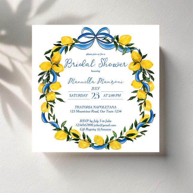 Invitation Ruban bleu citron douche italienne (Lemons blue bow ribbon coquette Italian bridal shower Invitation template summer citrus invites)