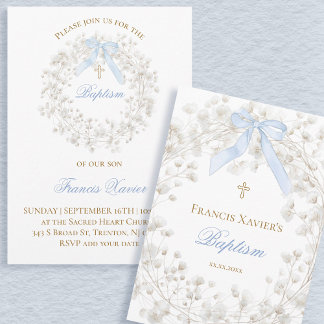 Invitation ruban bleu fleurs de bébé blanc Baptême