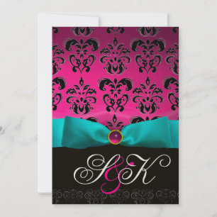 INVITATION RUBAN BLEU FUCHSIA ROSE NOIR  DAMAS MONOGRAMME