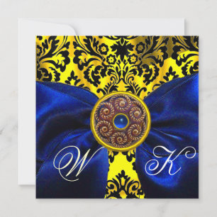 INVITATION RUBAN BLEU OR JAUNE NOIR DAMAS MONOGRAMME