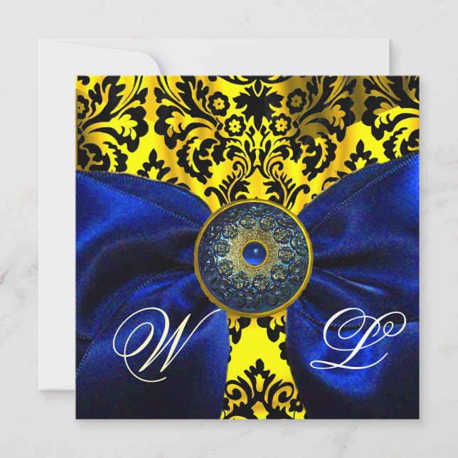 INVITATION RUBAN BLEU OR JAUNE  NOIR  DAMAS MONOGRAMME (Devant)