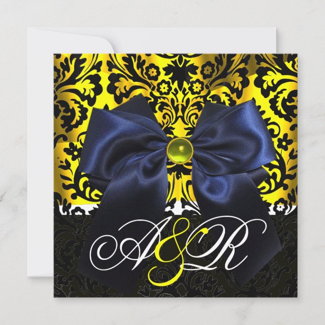 INVITATION RUBAN BLEU OR JAUNE  NOIR  DAMAS MONOGRAMME (Devant)