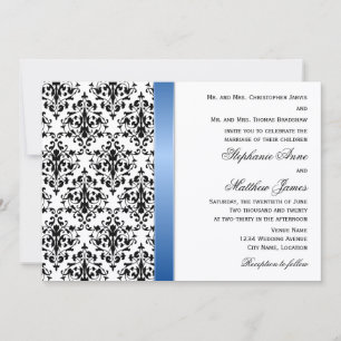 Invitation Ruban bleu royal imprimé et Mariage damassé