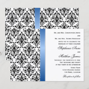 Invitation Ruban bleu royal imprimé et Mariage damassé