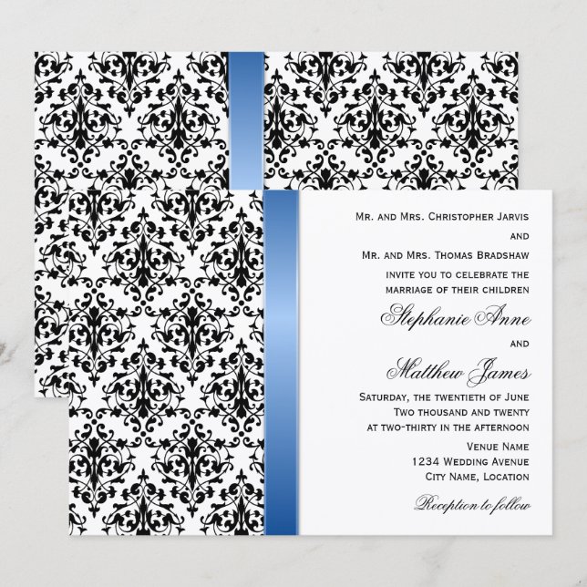 Invitation Ruban bleu royal imprimé et Mariage damassé (Devant / Derrière)