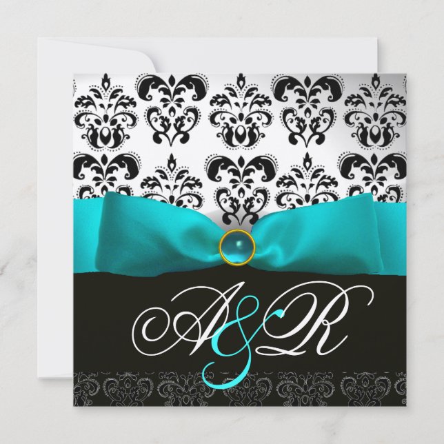 INVITATION RUBAN BLEU TURQUOISE BLANC NOIR DAMASSÉ MONOGRAMME (Devant)