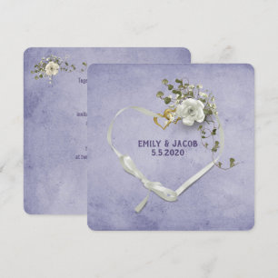 Invitation Ruban coeur mariage et anneaux avec bouquet de ros