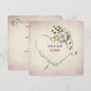 Invitation Ruban coeur mariage et anneaux avec bouquet de ros