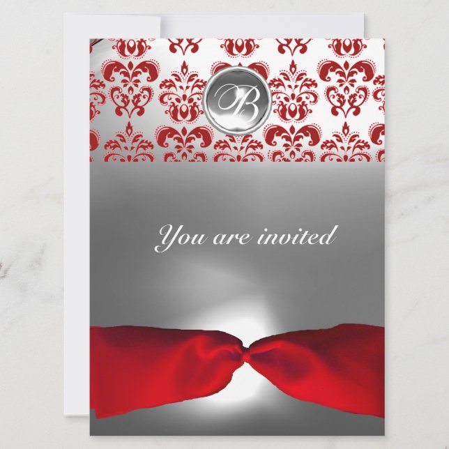 INVITATION RUBAN DAMASSÉ DE PIERRE GEMME MONOGRAMME ROUGE BLA (Devant)