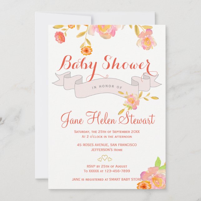 Invitation Ruban d'aquarelle rouge corail (Devant)